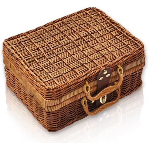  QTKJ Wicker Picnic Basket, Straw Storage Box with Handles, Gingham Pattern Lining Willow Lunch Box, Leather Strap Metal Lock Retro Suitcase Prop Box
