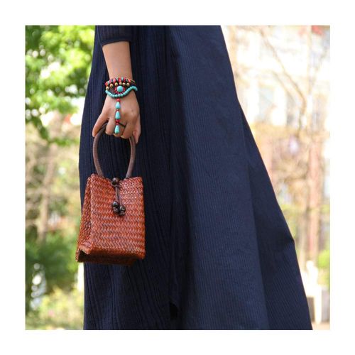  QTKJ Hand-woven Mini Retro Straw Handbag Bag Summer Boho Rattan Tote Travel Bag with Wooden Beaded Tassel Pendant (Brown)
