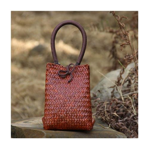  QTKJ Hand-woven Mini Retro Straw Handbag Bag Summer Boho Rattan Tote Travel Bag with Wooden Beaded Tassel Pendant (Brown)