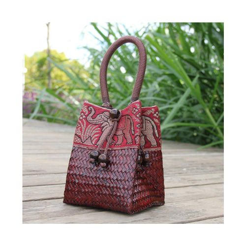  QTKJ Hand-woven Mini Retro Elephant Pattern Straw Handbag Bag Summer Beach Boho Rattan Travel Tote Bag with Wooden Beaded Tassel Pendant (Red)