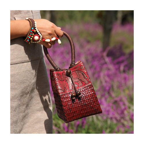  QTKJ Hand-woven Mini Retro Elephant Pattern Straw Handbag Bag Summer Beach Boho Rattan Travel Tote Bag with Wooden Beaded Tassel Pendant (Red)