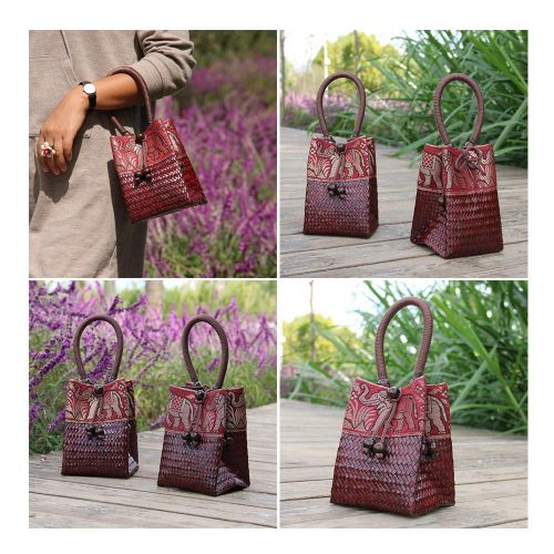  QTKJ Hand-woven Mini Retro Elephant Pattern Straw Handbag Bag Summer Beach Boho Rattan Travel Tote Bag with Wooden Beaded Tassel Pendant (Red)