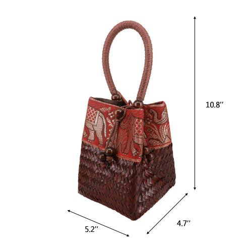  QTKJ Hand-woven Mini Retro Elephant Pattern Straw Handbag Bag Summer Beach Boho Rattan Travel Tote Bag with Wooden Beaded Tassel Pendant (Red)