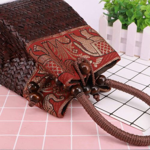  QTKJ Hand-woven Mini Retro Elephant Pattern Straw Handbag Bag Summer Beach Boho Rattan Travel Tote Bag with Wooden Beaded Tassel Pendant (Red)