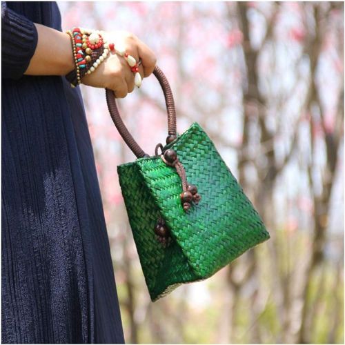  QTKJ Hand-woven Mini Retro Straw Handbag Bag Summer Beach Boho Rattan Tote Travel Bag with Wood Beaded Tassel Pendant (Green)