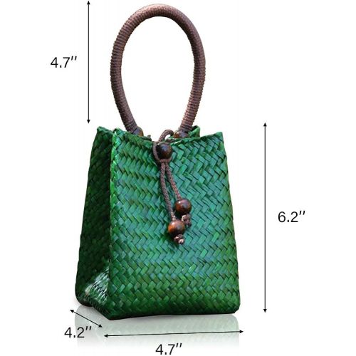  QTKJ Hand-woven Mini Retro Straw Handbag Bag Summer Beach Boho Rattan Tote Travel Bag with Wood Beaded Tassel Pendant (Green)