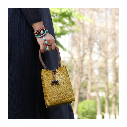  QTKJ Hand-woven Mini Retro Straw Handbag Bag Summer Boho Rattan Tote Travel Bag with Wooden Beaded Tassel Pendant (Yellow)