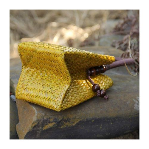  QTKJ Hand-woven Mini Retro Straw Handbag Bag Summer Boho Rattan Tote Travel Bag with Wooden Beaded Tassel Pendant (Yellow)