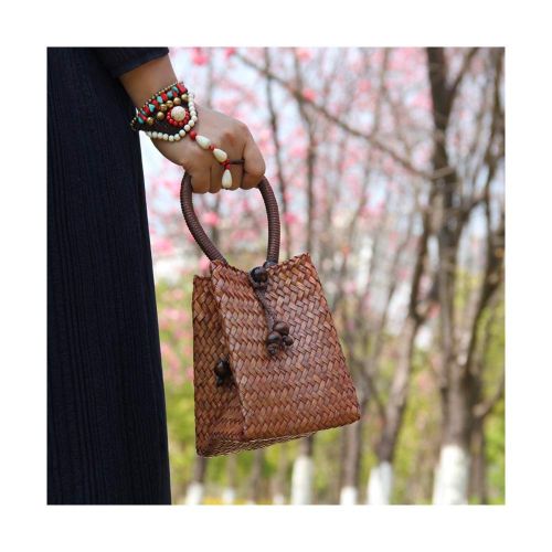  QTKJ Hand-woven Mini Retro Straw Handbag Bag Summer Beach Boho Rattan Tote Travel Bag with Wooden Beaded Tassel Pendant (Khaki)