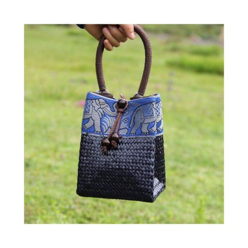  QTKJ Hand-woven Mini Retro Elephant Pattern Straw Handbag Bag Summer Beach Boho Rattan Travel Tote Bag with Wooden Beaded Tassel Pendant (Black)