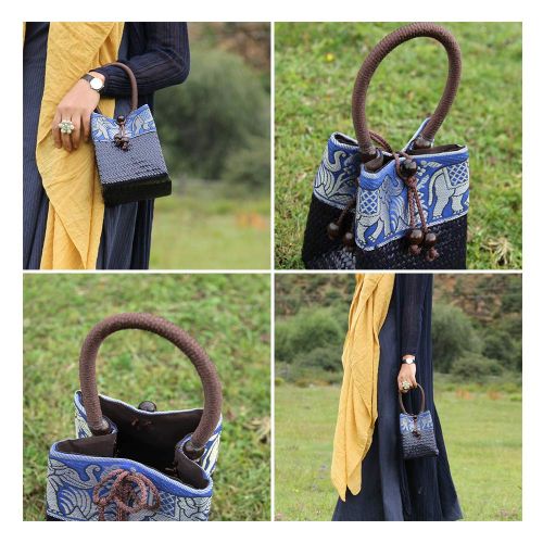  QTKJ Hand-woven Mini Retro Elephant Pattern Straw Handbag Bag Summer Beach Boho Rattan Travel Tote Bag with Wooden Beaded Tassel Pendant (Black)