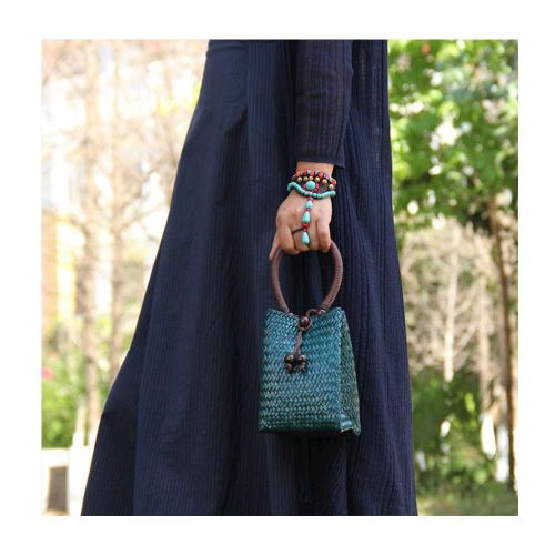  QTKJ Hand-woven Mini Retro Straw Handbag Bag Summer Boho Rattan Tote Travel Bag with Wooden Beaded Tassel Pendant (Blue)