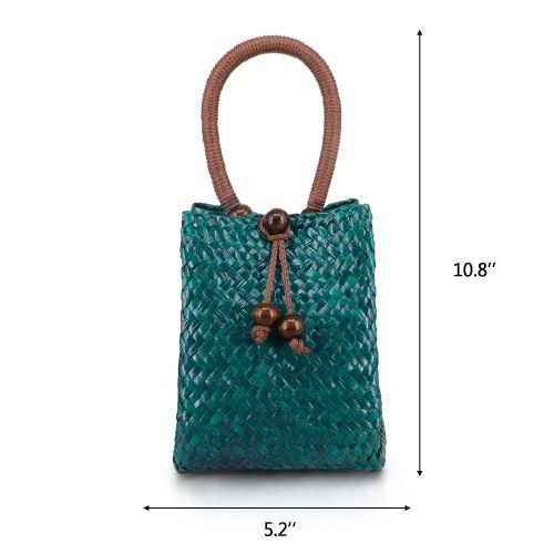  QTKJ Hand-woven Mini Retro Straw Handbag Bag Summer Boho Rattan Tote Travel Bag with Wooden Beaded Tassel Pendant (Blue)