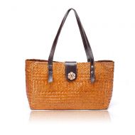 QTKJ Hand-Woven Women Large Retro Straw Summer Beach Tote Bag Brown Leather Shoulder Strap Handbag Boho Rattan Travel Shoulder Bag (Gold)