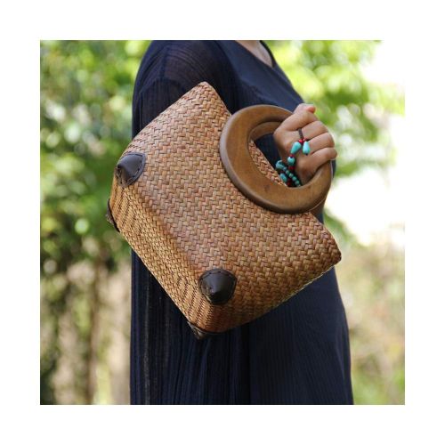  QTKJ Hand-woven Womens Straw Boho Handbag Bag for Women, Summer Beach Rattan Tote Travel Bag with Wood Round Top Handle (Khaki 2)