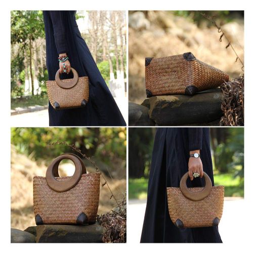  QTKJ Hand-woven Womens Straw Boho Handbag Bag for Women, Summer Beach Rattan Tote Travel Bag with Wood Round Top Handle (Khaki 2)