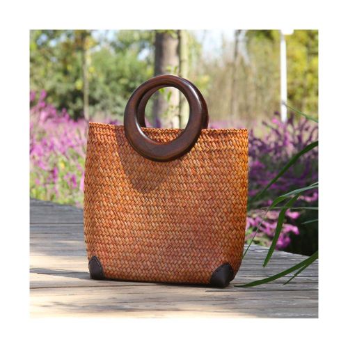  QTKJ Hand-woven Womens Straw Large Boho Handbag Bag for Women, Summer Beach Rattan Tote Travel Bag with Wood Round Top Handle (Khaki 1)