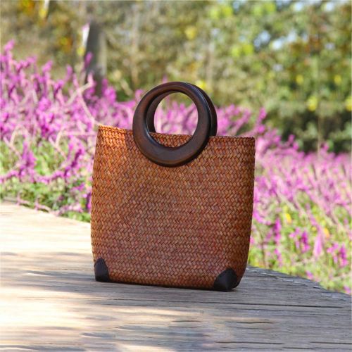  QTKJ Hand-woven Womens Straw Large Boho Handbag Bag for Women, Summer Beach Rattan Tote Travel Bag with Wood Round Top Handle (Khaki 1)