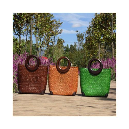  QTKJ Hand-woven Womens Straw Large Boho Handbag Bag for Women, Summer Beach Rattan Tote Travel Bag with Wood Round Top Handle (Khaki 1)
