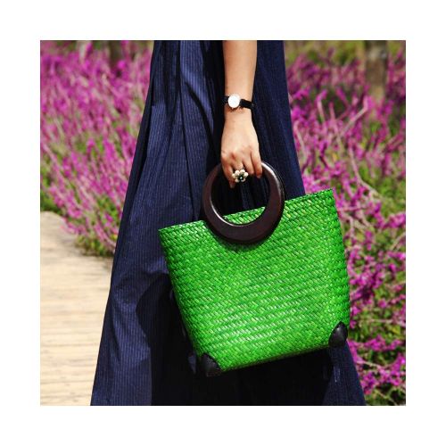  QTKJ Hand-woven Womens Straw Large Boho Handbag Bag for Women, Summer Beach Rattan Tote Travel Bag with Wood Round Top Handle (Green)