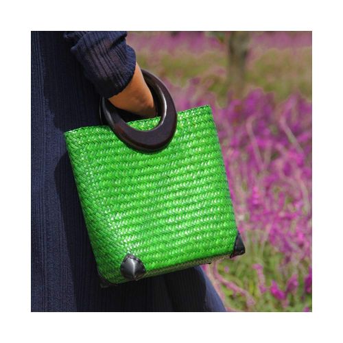  QTKJ Hand-woven Womens Straw Large Boho Handbag Bag for Women, Summer Beach Rattan Tote Travel Bag with Wood Round Top Handle (Green)