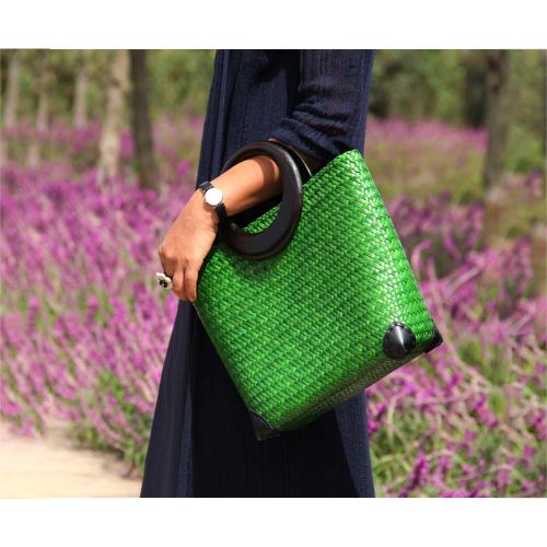  QTKJ Hand-woven Womens Straw Large Boho Handbag Bag for Women, Summer Beach Rattan Tote Travel Bag with Wood Round Top Handle (Green)