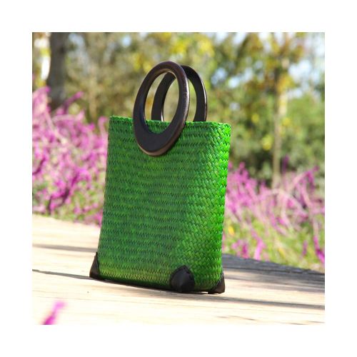  QTKJ Hand-woven Womens Straw Large Boho Handbag Bag for Women, Summer Beach Rattan Tote Travel Bag with Wood Round Top Handle (Green)