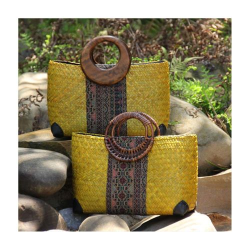  QTKJ Women Summer Retro Straw Bag with Printing Hand-woven Beach Handbag Top Round Handle Boho Tote Bag Shopping and Travel Large Bag (Yellow)