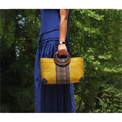  QTKJ Women Summer Retro Straw Bag with Printing Hand-woven Beach Handbag Top Round Handle Boho Tote Bag Shopping and Travel Large Bag (Yellow)