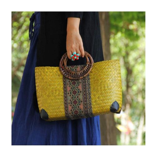  QTKJ Women Summer Retro Straw Bag with Printing Hand-woven Beach Handbag Top Round Handle Boho Tote Bag Shopping and Travel Large Bag (Yellow)