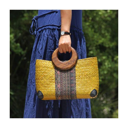  QTKJ Women Summer Retro Straw Bag with Printing Pattern Hand-woven Beach Handbag Top Round Handle Boho Tote Bag Shopping Travel Large Bag (Yellow 2)