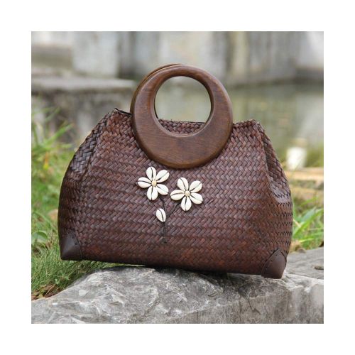  QTKJ Cute Hand-woven Straw Bag Boho Wooden Handle Handbag Womens Summer Beach Rattan Tote Travel Bag with White Flower (Coffee Color)