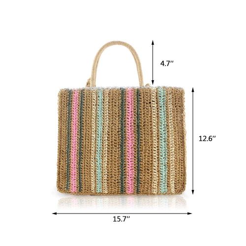  QTKJ Fashion Women Straw Zipper Tote Bag Summer Beach Colorful Shoulder Bag with Woven Shoulder Strap