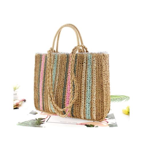  QTKJ Fashion Women Straw Zipper Tote Bag Summer Beach Colorful Shoulder Bag with Woven Shoulder Strap