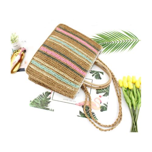  QTKJ Fashion Women Straw Zipper Tote Bag Summer Beach Colorful Shoulder Bag with Woven Shoulder Strap