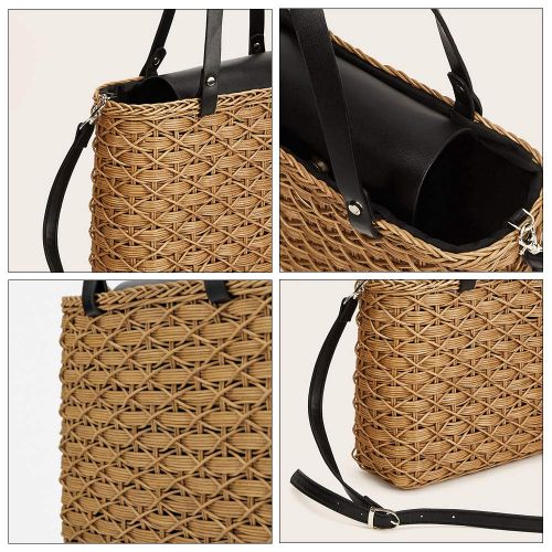  QTKJ Retro Summer Straw Tote Bag Beach Bag Handwoven Rattan Crossbody with Adjustable Leather Shoulder Handbag Bag for Women Mom (Khaki)