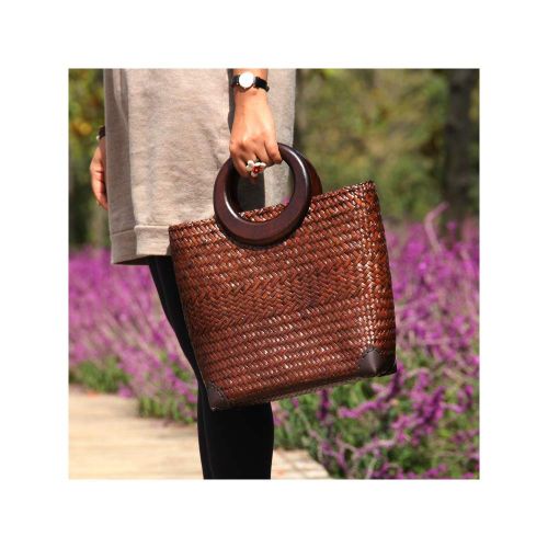  QTKJ Hand-woven Womens Straw Large Boho Handbag Bag for Women, Summer Beach Rattan Tote Travel Bag with Wood Round Top Handle (Brown)