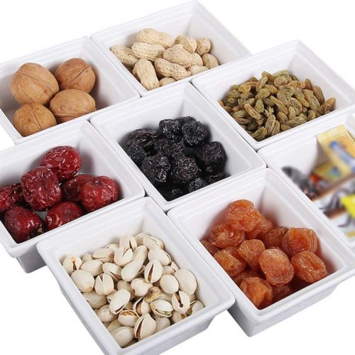  QTT Wooden Dried Fruit Plate, Divided Fruit Plate, Covered Multi-grid Storage Box, Ceramic Candy/Snack Platter (Size : Six grids)