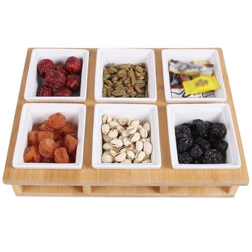  QTT Wooden Dried Fruit Plate, Divided Fruit Plate, Covered Multi-grid Storage Box, Ceramic Candy/Snack Platter (Size : Six grids)