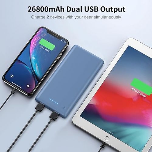  Portable Charger Power Bank 26800mah,Ultra-High Capacity External Cell Phone Battery Pack,2 USB Output High Speed Charging Power bank Compatible with iPhone 15 14 13 12 11 Samsung Android LG etc-Blue