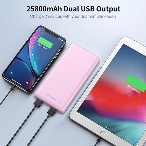  Portable Charger Power Bank 26800mah,Ultra-High Capacity Safer External Cell Phone Battery Pack,2 USB Output High Speed Charging Power bank Compatible with iPhone 15/14/13/12/11 Samsung Android-Pink