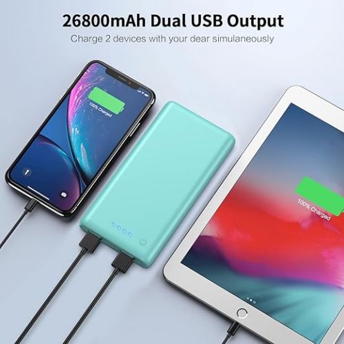  Portable Charger Power Bank 26800mah, Ultra-High Capacity Safer External Cell Phone Battery Pack with High-Performance Cells & 2 USB Output Compatible with iPhone 15 14 13 12 11 Samsung Android-Green