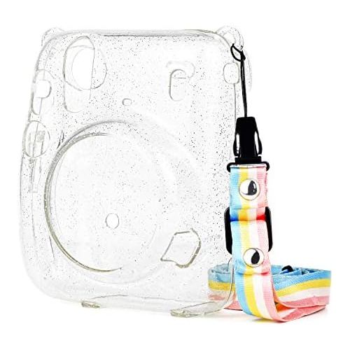  QUEEN3C Instant Mini 11 Protective Case, Designed for Mini 11 Instant Camera, with Adjustable Rainbow Shoulder Strap. (Clear Case, Glitter Transparent)