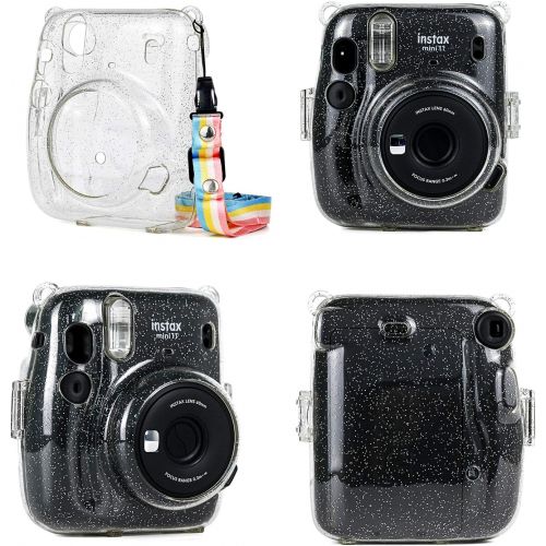  QUEEN3C Instant Mini 11 Protective Case, Designed for Mini 11 Instant Camera, with Adjustable Rainbow Shoulder Strap. (Clear Case, Glitter Transparent)
