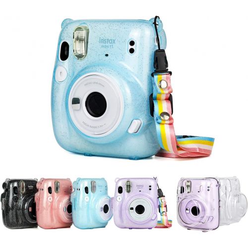  QUEEN3C Instant Mini 11 Protective Case, Designed for Mini 11 Instant Camera, with Adjustable Rainbow Shoulder Strap. (Clear Case, Blue Glitter Transparent)
