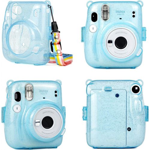  QUEEN3C Instant Mini 11 Protective Case, Designed for Mini 11 Instant Camera, with Adjustable Rainbow Shoulder Strap. (Clear Case, Blue Glitter Transparent)