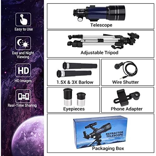  [아마존베스트]QUNSE Childrens Telescope 70 mm Telescope Astronomical for Children and Beginners, 15 x 150 x Refractor Telescope with Aluminium Tripod Moon Filter and Adapter Pro for Mobile Phone