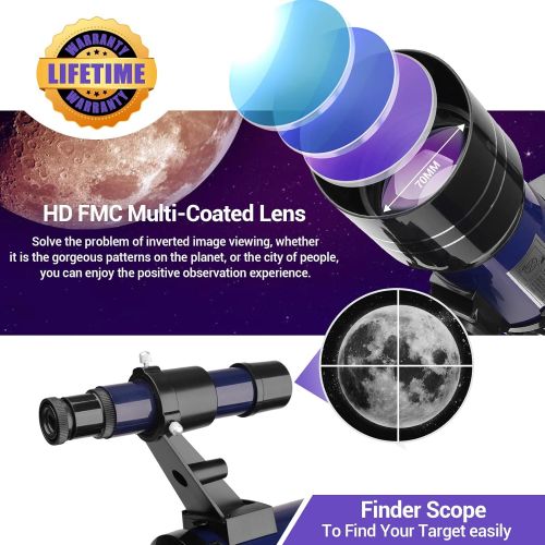  [아마존베스트]QUNSE Childrens Telescope 70 mm Telescope Astronomical for Children and Beginners, 15 x 150 x Refractor Telescope with Aluminium Tripod Moon Filter and Adapter Pro for Mobile Phone