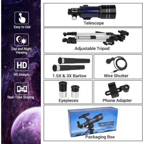  [아마존베스트]QUNSE Childrens Telescope 70 mm Telescope Astronomical for Children and Beginners, 15 x 150 x Refractor Telescope with Aluminium Tripod Moon Filter and Adapter Pro for Mobile Phone