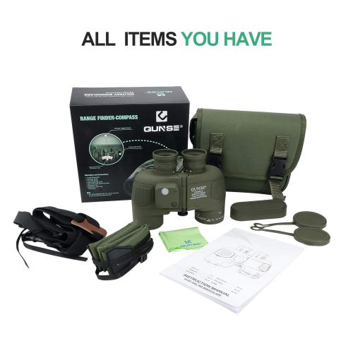  QUNSE Military HD Binoculars for Bird Watching, with Compass and Rangefinder, 10x50 Large Object Lens Large View BAK4, with Binocular Harness Strap, Waterproof